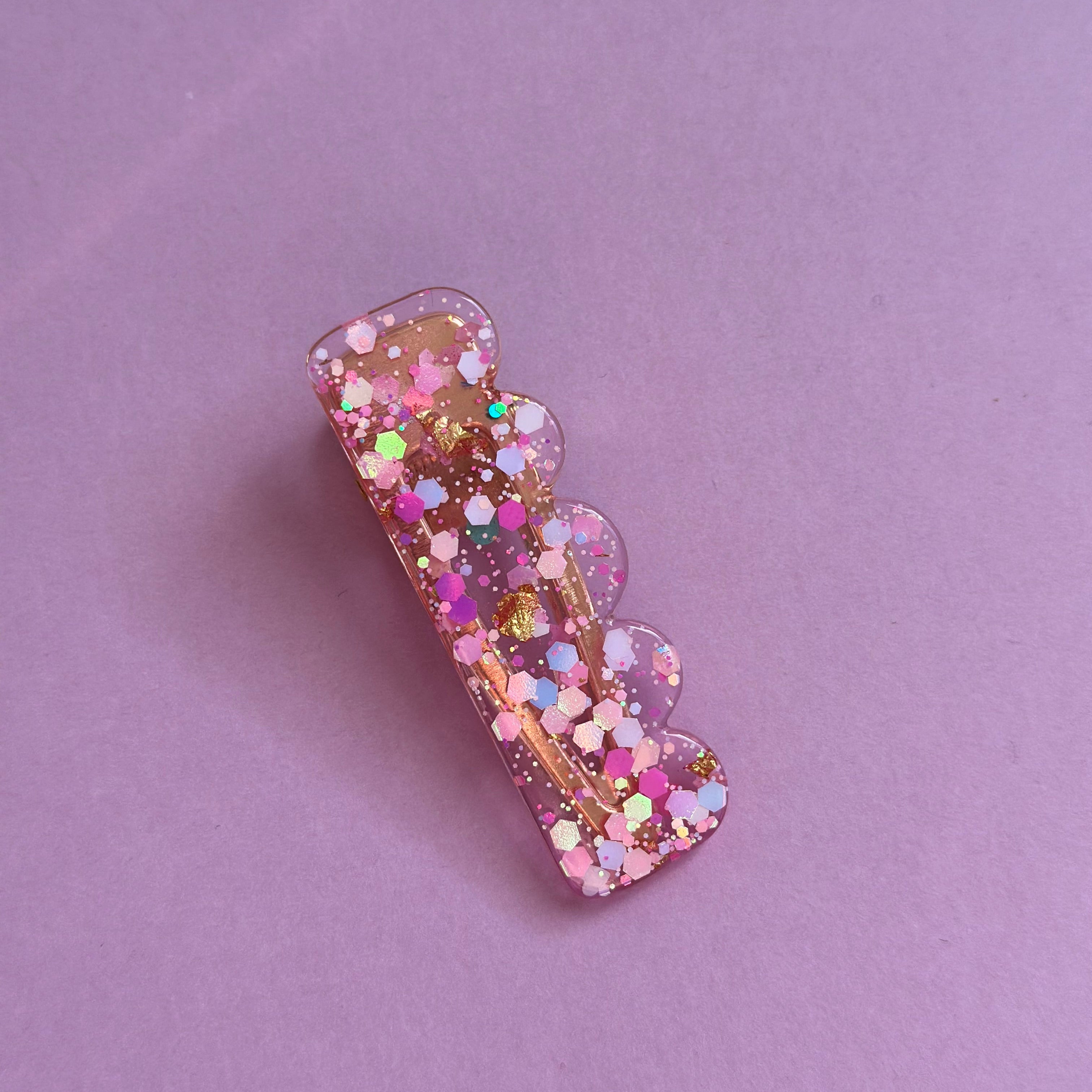 Barrette paillette rose/dorée #1