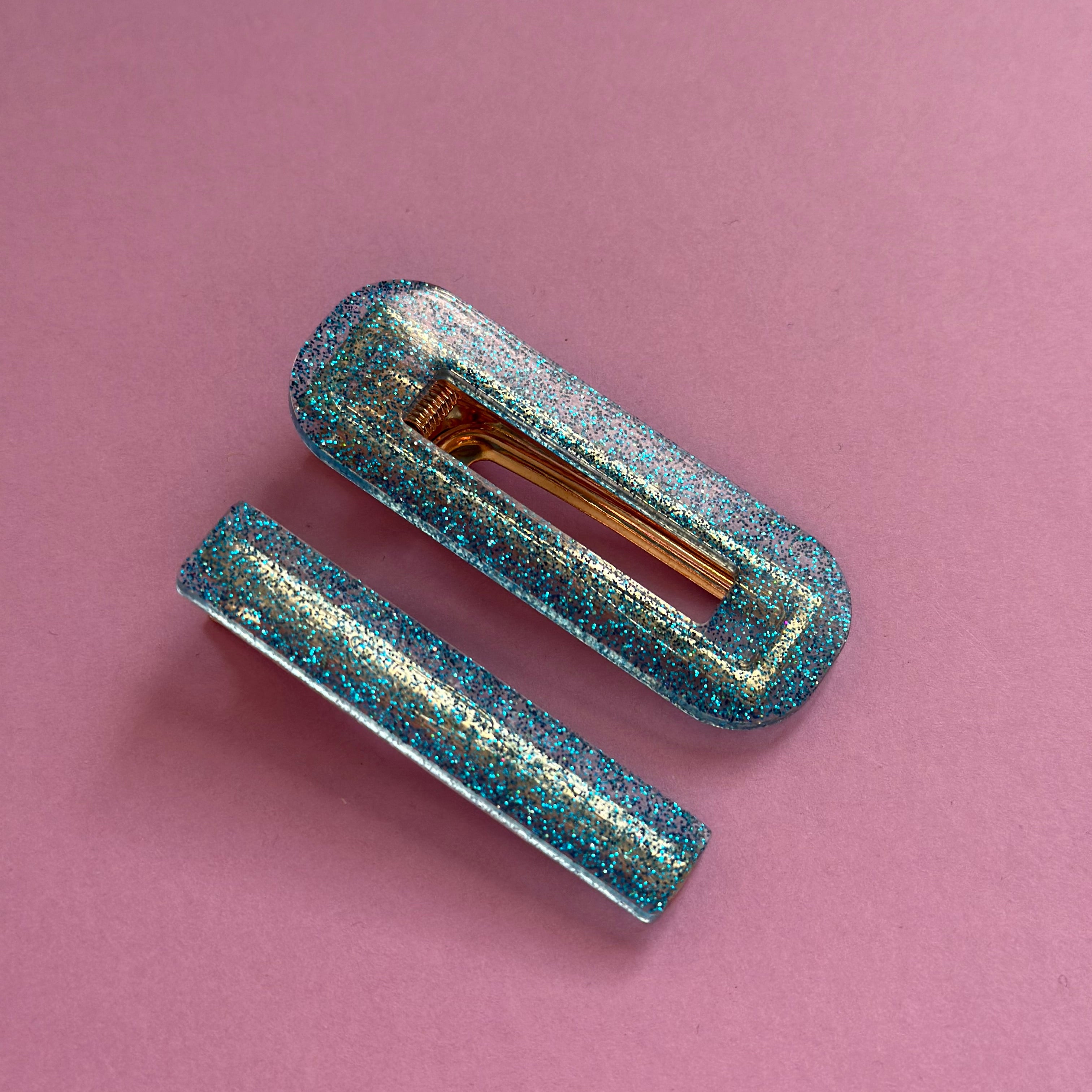 Duo Barrettes transparentes paillette bleu #1