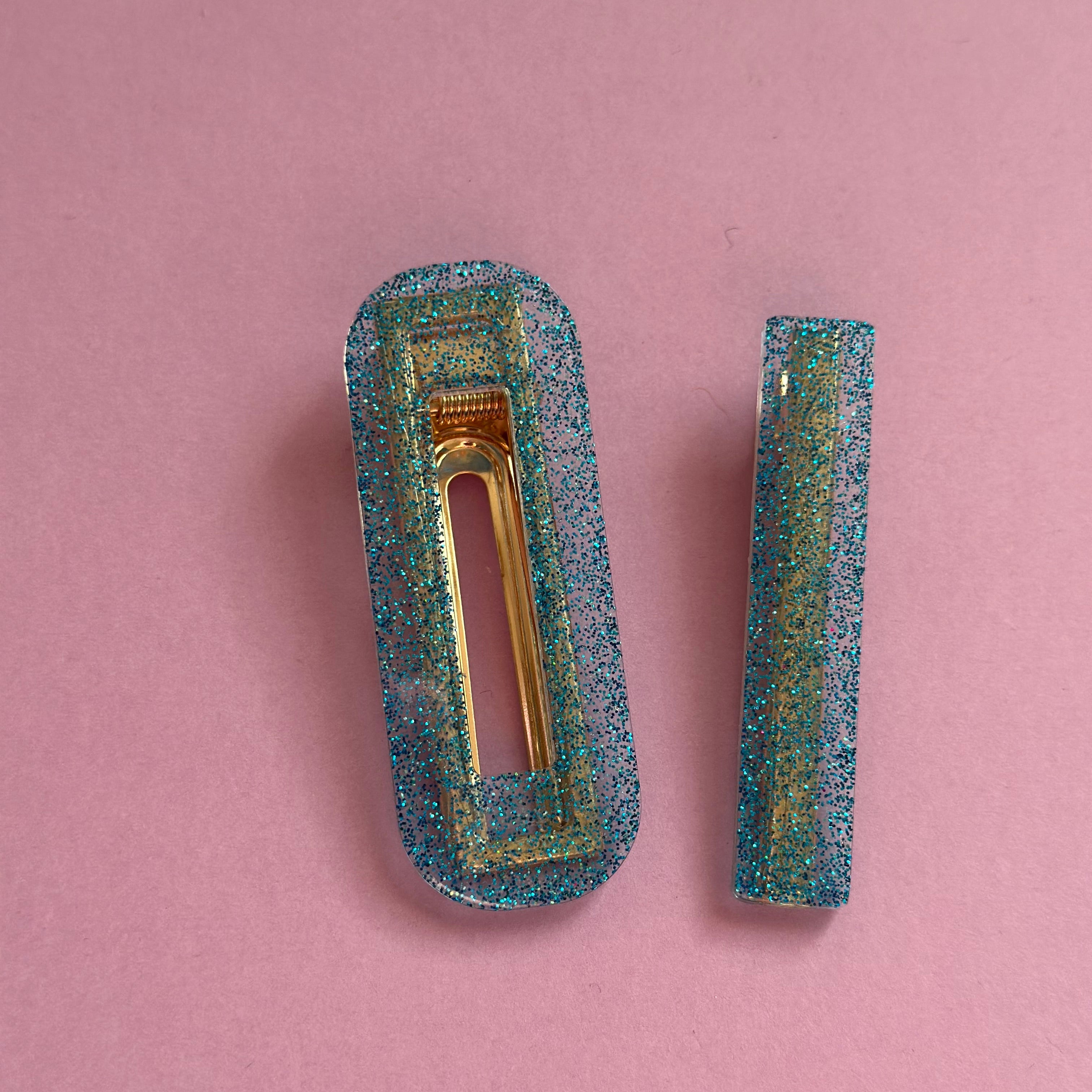 Duo Barrettes transparentes paillette bleu #2