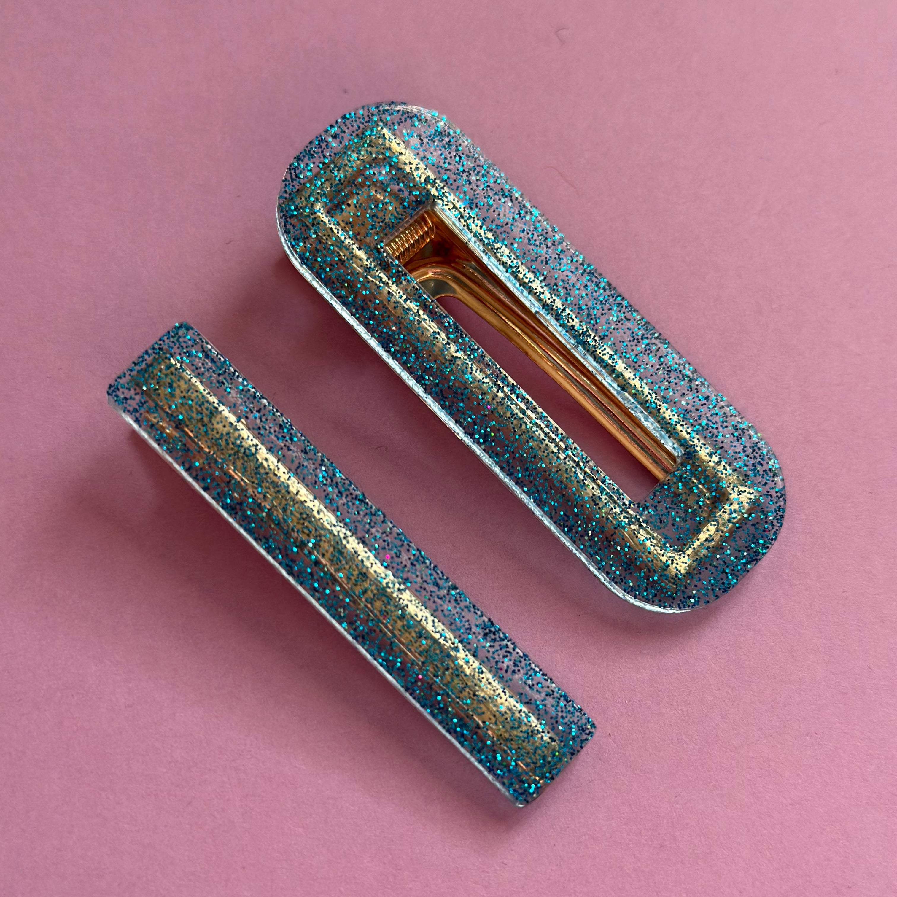 Duo Barrettes transparentes paillette bleu #2