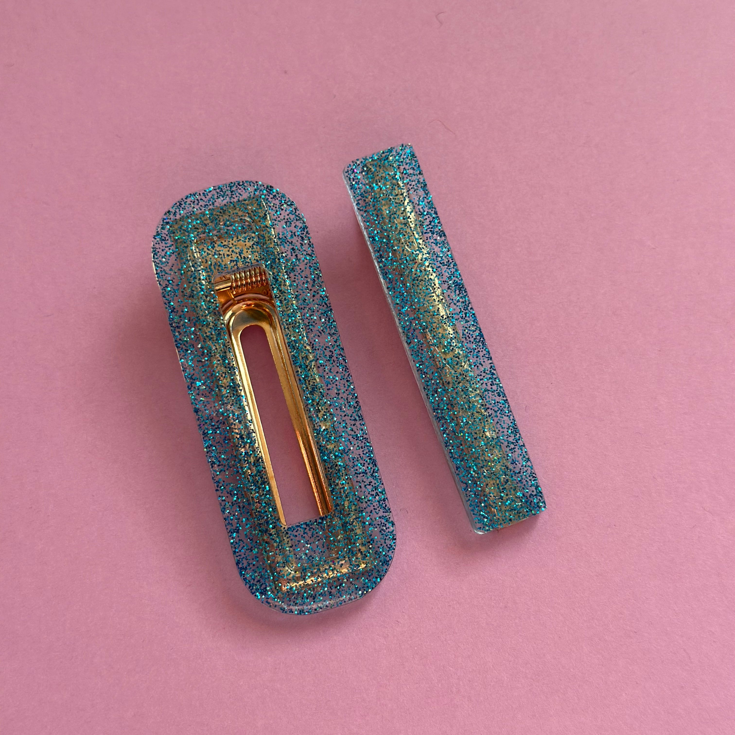 Duo Barrettes transparentes paillette bleu #1
