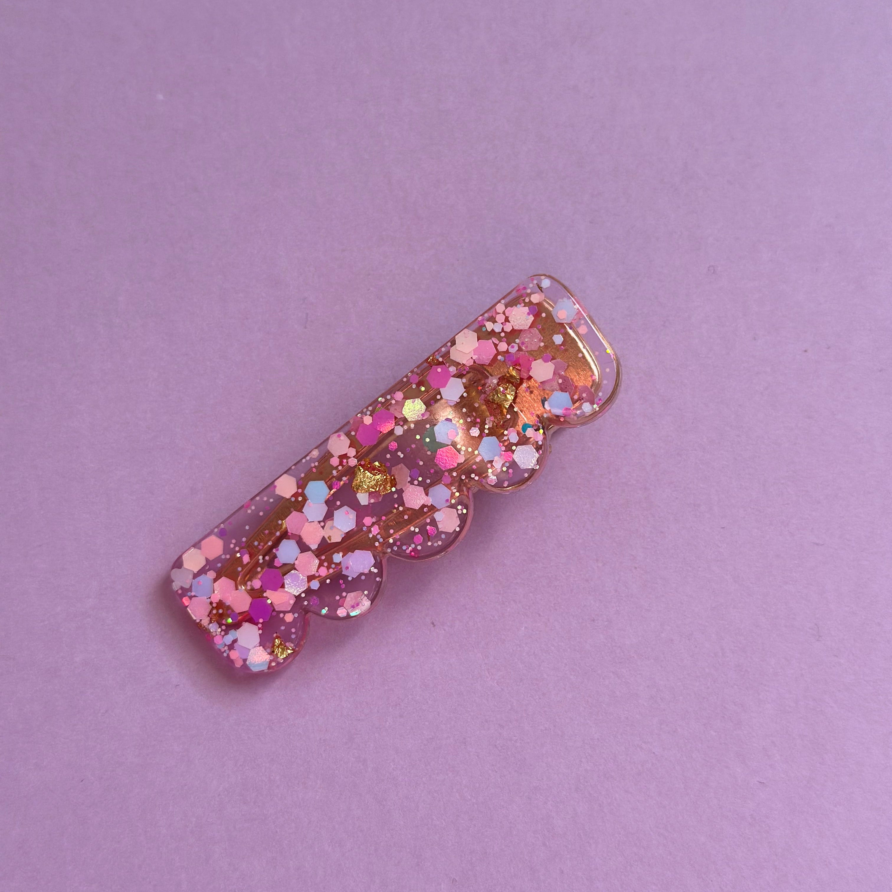 Barrette paillette rose/dorée #1